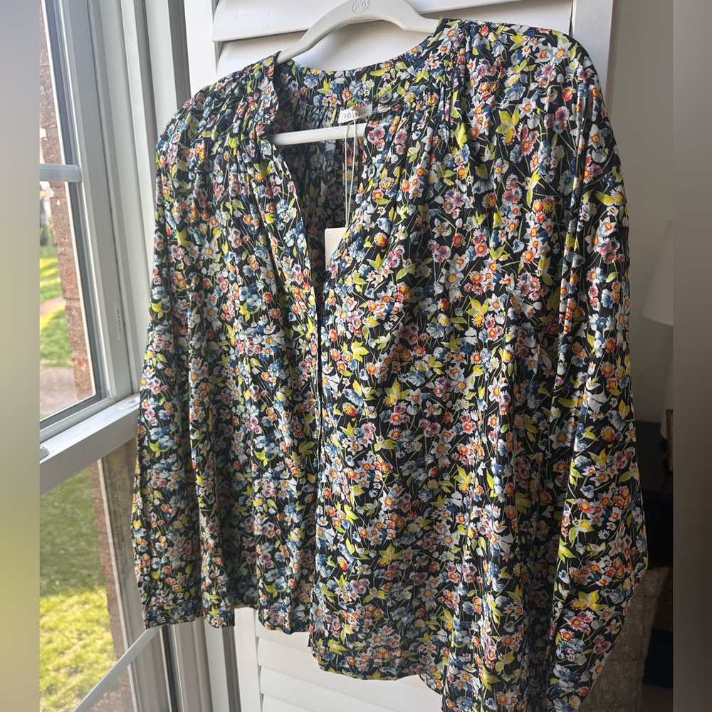 NWT EUC Doen Black Floral Long-Sleeve Blouse with Yellow and Pink Accents